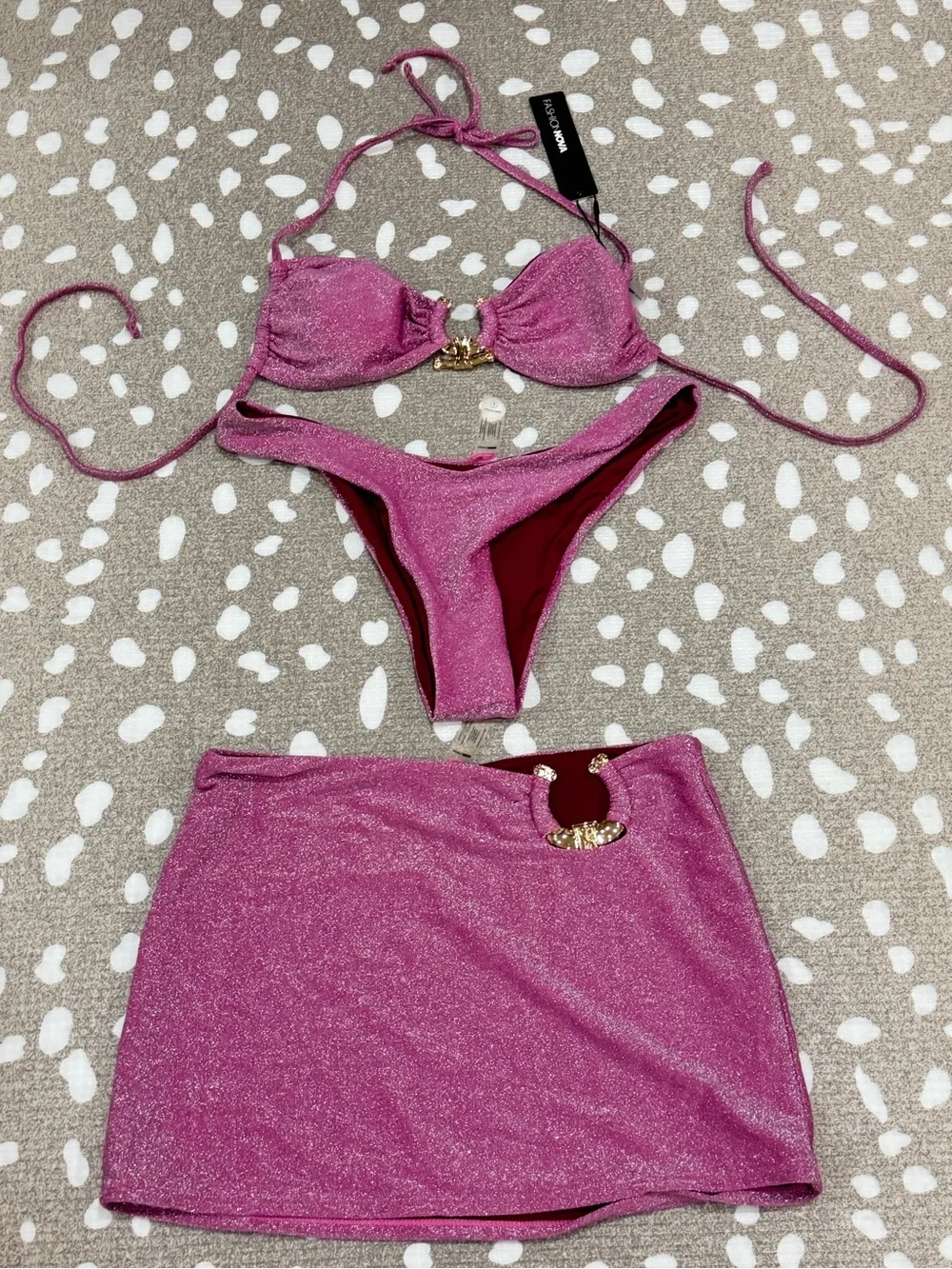 NWT Bikini 3 piece set Follow Me To Paradise Shimmer glitter mini skirt cheeky